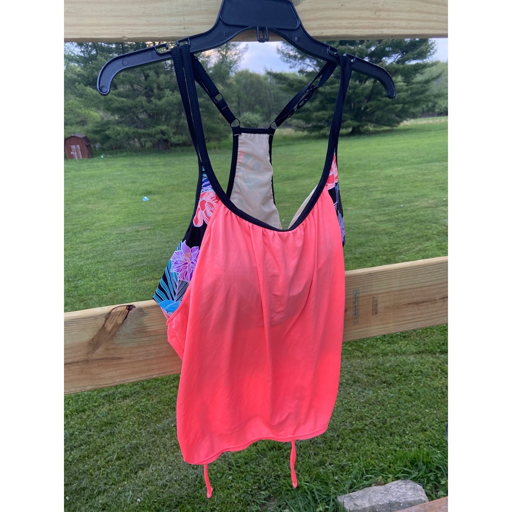 ZeroXposur Neon Coral Pink Tropical Floral Tankini Top Racerback Womens 1X